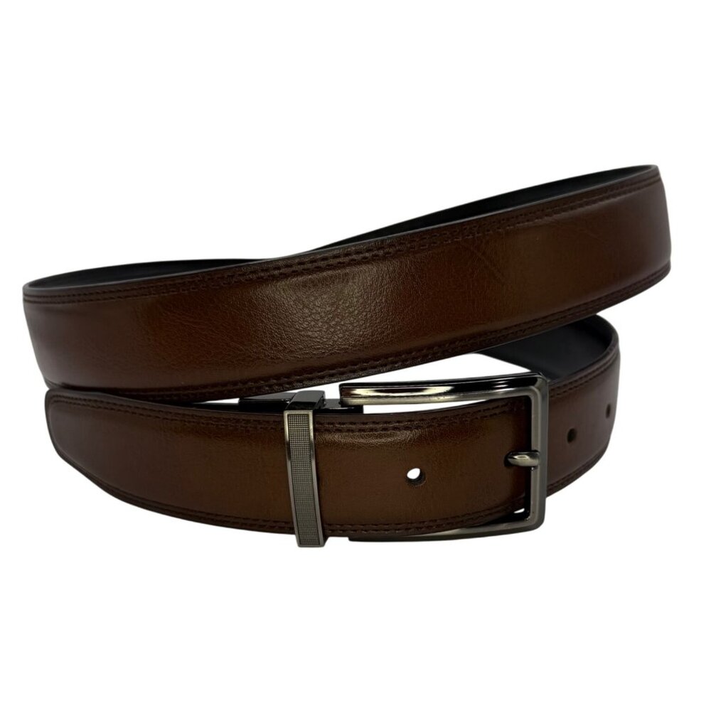 Perry Ellis Brown Leather Belt 42 (40–46")‎ Logo Gunmetal Buckle Business Casual